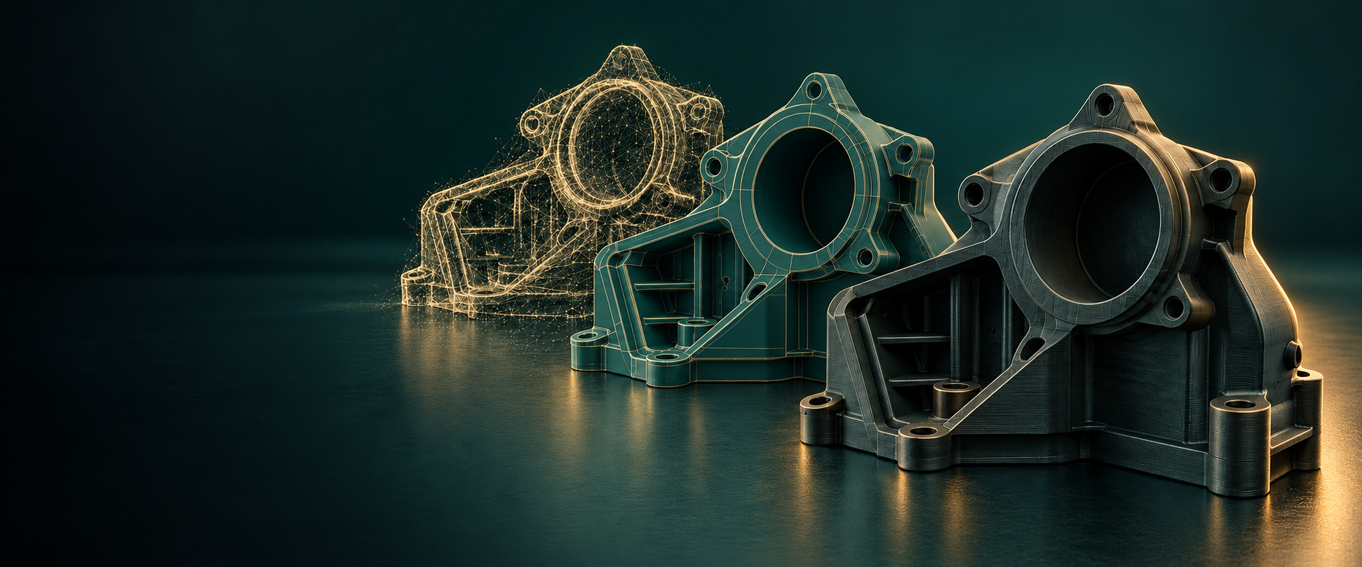 Three stages of a mechanical component: gold wireframe, green CAD model and finished 3D printed part.